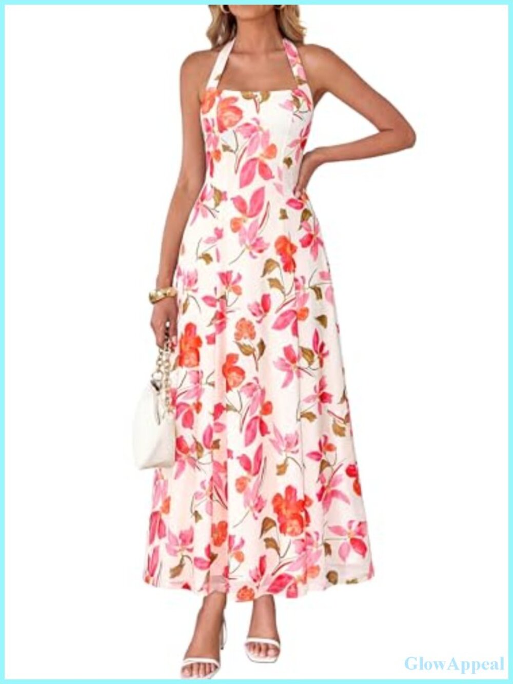 Women's Summer Long Halter Maxi Dress Sleeveless Floral Tulle Mesh A-Line